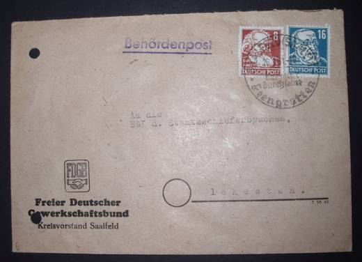 SBZ/DDR Behördenpost FDGB m. SST Saalfeld (Saale)1