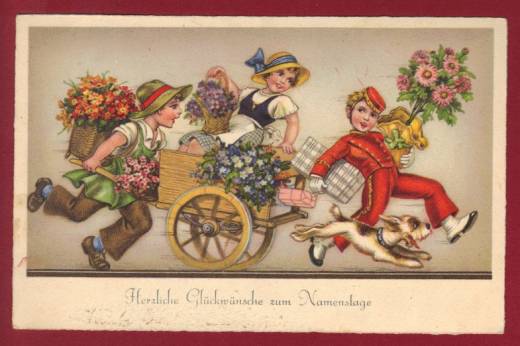  Card name day, bellboy, flowers, dog, ca.1920