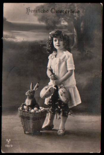 Grußkarte Ostern, Mädchen, Hase , Eier, ca.1920