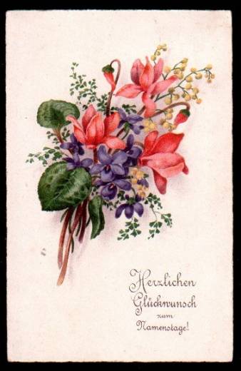 Greeting Card name day, violets, flowers, Köln-Mülheim 1929