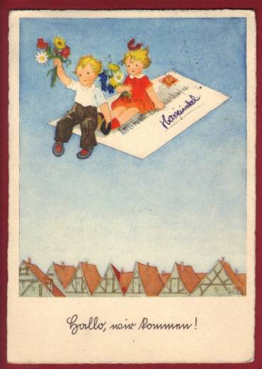 Greeting Card We are coming children on letter, ca. 1950