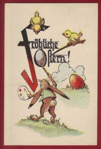 Grußkarte Ostern, Hase, Kücken, Eier, ca.1950