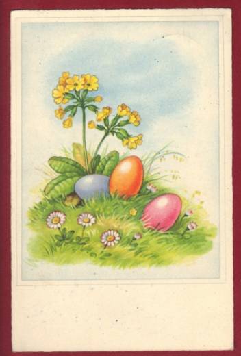  Greeting Card Easter, eggs, primrose, ca.1950