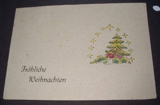 Grußkarte Weihnachten, Krippe, Tanne, Sterne, ca.1950