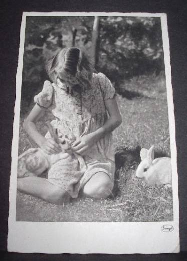 Photo Card, Girl with rabbits, ca.1940