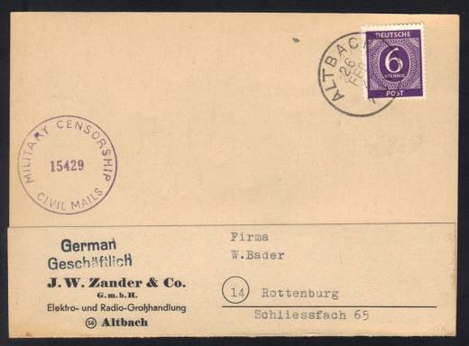 Frühverwendung Nr. 916 als EF m. Altstempel Altbach - Rottenburg 26.02.46 + Zensur