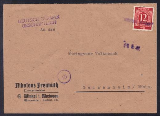 Februarverwendung Nr. 919 F EF Notstempel Winkel (Rheingau)