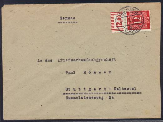 Frühverwendung Nr. 919b EF vom Oberrand mit PF F10.2 Marburg - Stuttgart 27.02.46