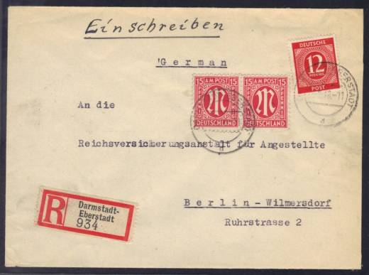 Frühverwendung Nr. 919 Einschreibe-Fernbrief Darmstadt - Berlin 28.02.46