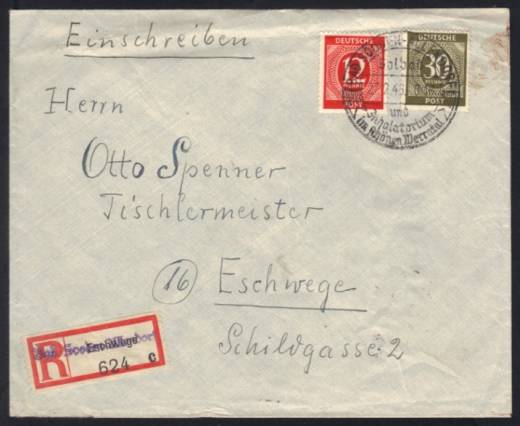 Frühverwendung Nr. 928 + 919 auf Einschreibe-Fernbrief Bad Sooden / Allendorf - Eschwege 27.02.46 mit Leih-R-Zettel !