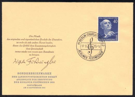 Berlin FDC Nr. 128 Furtwängler SST Berliner Festwochen 1954