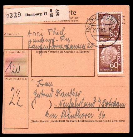 BRD MeF Heuß Nr.262 Interzonenpaketkarte Hamburg - Neufahrland b. Potsdam