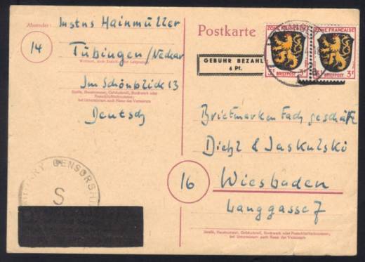 Franz. Zone GS PE814II als Notmaßnahme mit Zensur / Tübingen 18.3.46