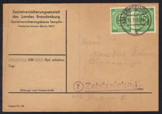 MeF Nr.915 (2) auf frankierter Sozialversicherrungsrechnung als Ortskarte / Zehdenick 11.3.48