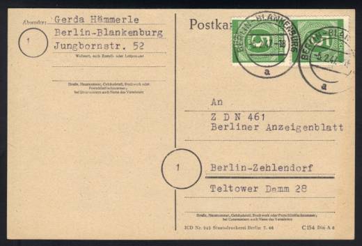 MeF Nr.915 (2) auf Ortspostkarte / Berlin 5.2.47