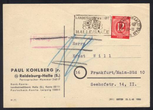 919a EF auf Fernpostkarte 10-fach doppel Überroller Ost/West m. Nachgebühr / 21-25.6.46