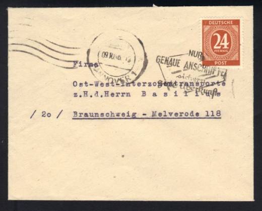 925a EF auf Fernbrief 1.GS + falsch eingesetztem Masch.-Durchlaufstempel Hannover 9.10.46