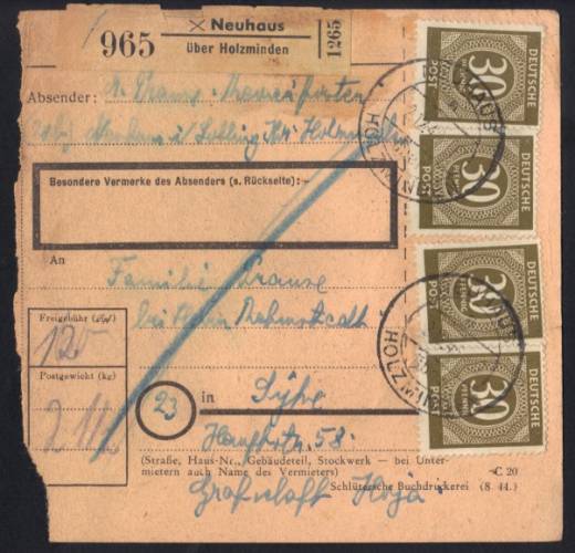 MeF Nr.928 (MeF (4) auf Paketkarte für ein Paket 2,5 Kg - 3. Zone / Landpostst. Neuhaus über Holzminden 2.12.46