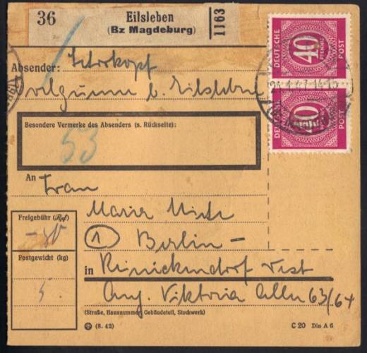 MeF Nr.929 (2) auf Paketkarte für ein Paket 5 Kg - 2. Zone / Eilsleben 24.1.47