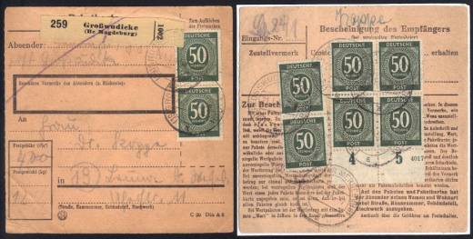 932a MeF (8) auf Paketkarte m. Teil HAN 4017.47 für ein Paket 12 Kg - 3. Zone / Großwudicke 21.1.48