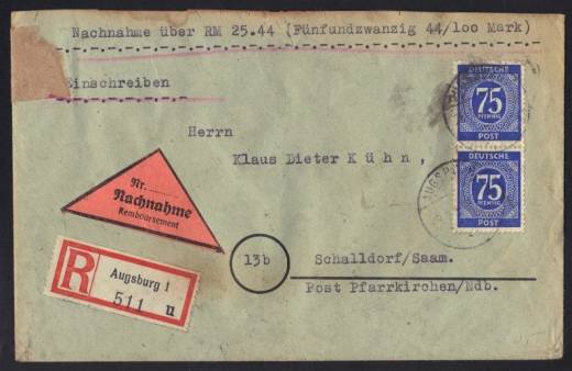 Nachnahme, MeF 934 Reco-Fernbrief AUGSBURG 26.4.48