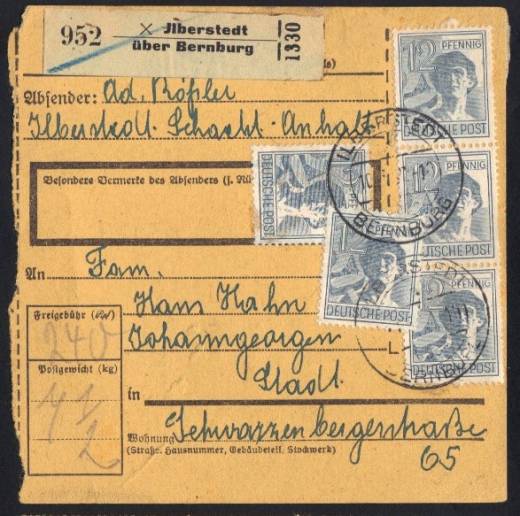 MeF Nr.947 (17) auf Paketkarte für ein Paket 7,5 Kg - 3. Zone  / Landpostst. Ilberstedt  über Bernburg 10.5.47