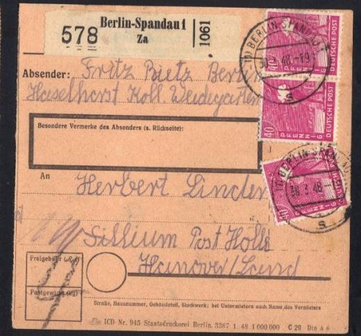 MeF Nr.954 (3) auf Paketkarte für ein Paket 4 Kg - 3. Zone / Berlin 30.3.48