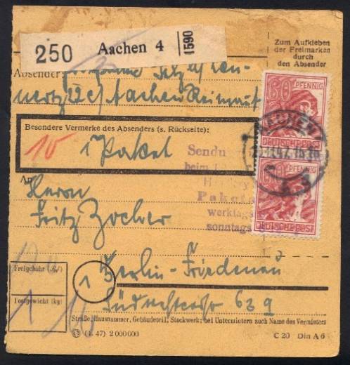 MeF Nr.956a (2) auf Paketkarte für ein Paket 1 Kg - 4. Zone nach Berlin, Zustellung verweigert / DR-Altstempel Aachen 20.11.47