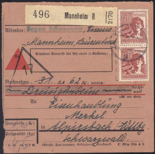 Nachnahme, MeF A956 Paketkarte MANNHEIM 3.6.48