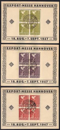 3 Gedenkkarten EXPO Hannover 1947 m. 959, 960, 961 in 4er-Blöcken!!!RRR