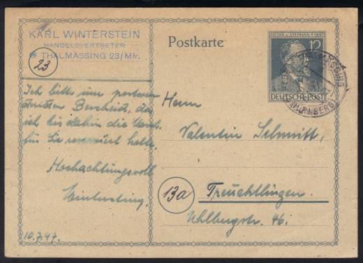 GS P965 PF I , Landpoststempel Thalmässing über Roth b. Nürnberg. 