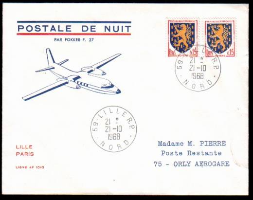 Flugpost 1968 Nachtflug Linie AF 1010 Lille - Paris mit Fokker F27