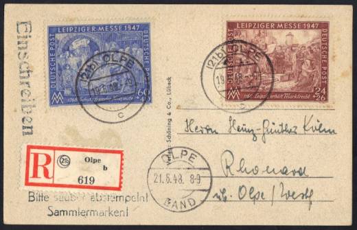 Neu entdeckter Altstempel OLPE Land auf Einschreibe-Fernkarte Olpe - Rhonard 21.06.48 mit Nr. 941 + 942!!!RRR