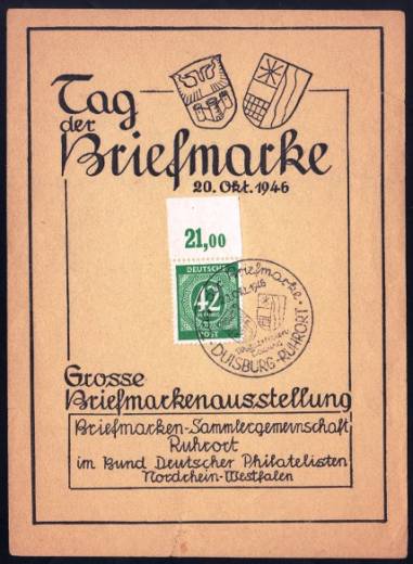 930 P OR auf Ausstellungsblatt DUISBURG Tag der Briefmarke 1946