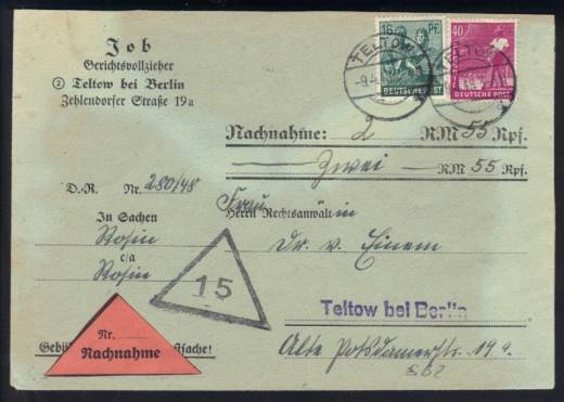 Nachnahme, Arbeiter Ortsbrief TELTOW 9.4.48