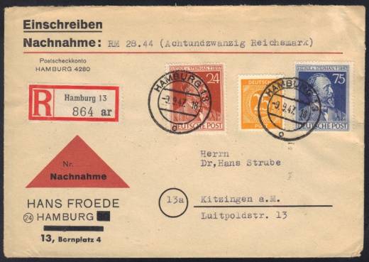 Nachnahme, STEPHAN Reco-Fernbrief HAMBURG 9.9.47