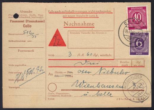 Nachnahme, Ziffern Druchsachenkarte CELLE 6.11.46