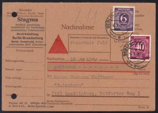 Nachnahme, Ziffern Druchsachenkarte BERLIN 6.7.46