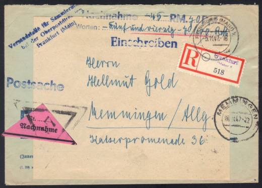 Nachnahme, POSTSACHE Reco-Fernbrief Frankfurt 5.11.47, Wien