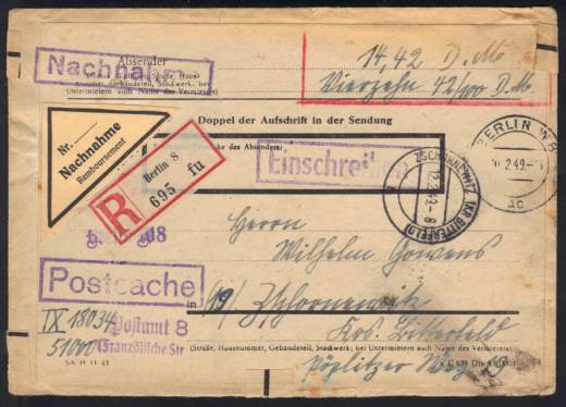 Nachnahme, POSTSACHE Reco-Fernbrief BERLIN 10.2.49