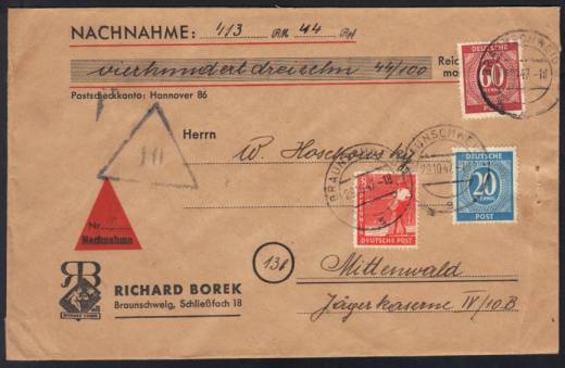 Nachnahme, Ziffern Fernbrief 2.GS. BRAUNSCHWEIG 29.10.47