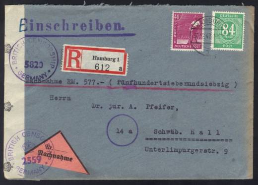 Nachnahme, DOPPELZENSUR Reco-Fernbrief 1.GS. HAMBURG 30.12.47