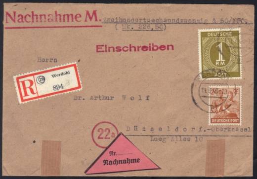 Nachnahme, Reco-Fernbrief 1.GS. WERDOL 11.6.48