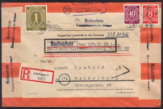 Nachnahme, Ziffern Reco-Fernbrief 2.GS. GÖTTINGEN-LAND 1947