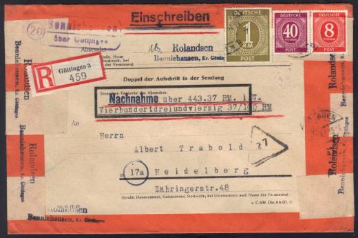 Nachnahme, Ziffern Reco-Fernbrief 2.GS. GÖTTINGEN-LAND 1947