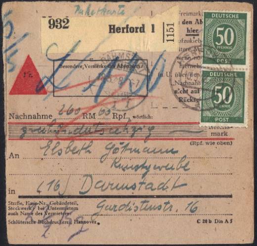 Nachnahme, NN-Postkarte als NN-Notpaketkarte HERFORD 10.5.48