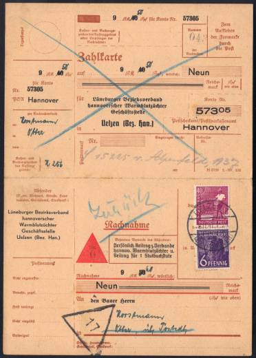 Nachnahme, Drucksachenkarte + Zahlkarte Retour UELZEN 8.11.47