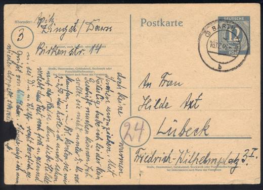 Mecklenborg-Vorpommern Stempel: Ganzsachenkarte P954, (3) BARTH b, 18.12.46 - Lübeck, Mängel!