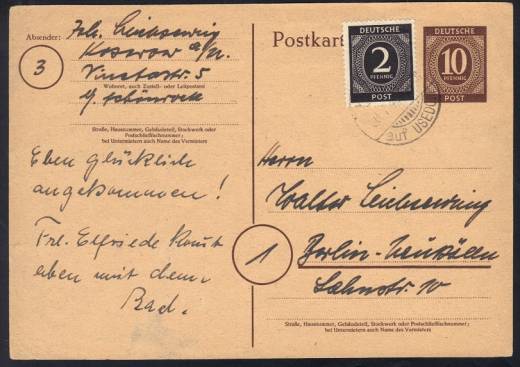 Mecklenborg-Vorpommern Stempel: Ganzsachenkarte P952 KOSEROW auf USEDOM 30.7.47 - Berlin