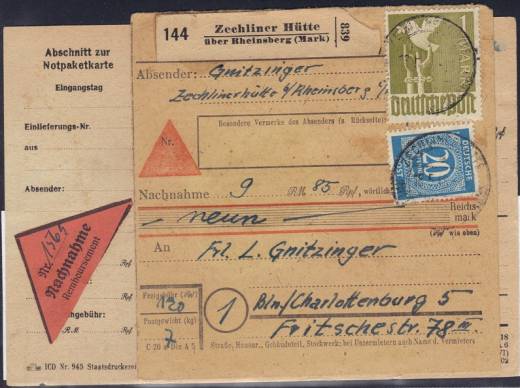 Mecklenborg-Vorpommern Stempel: NN-Paketkarte mit Not-Paketkarte ZECHLINER HÜTTE über RHEINSBERG (MARK) 18.5.48 - Berlin